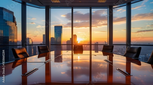 Detailed Photograph of an Empty Executive Conference Room with a Polished Wooden Table and Stunning Sunset City Skyline View