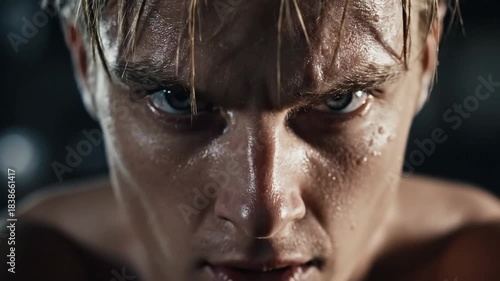 Intense close-up of a sweaty person's face, focused eyes conveying determination