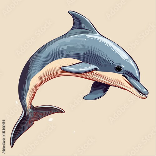 A dolphin leaping out of the water, showcasing its sleek body and playful nature in a beautiful ocean scene illustration.