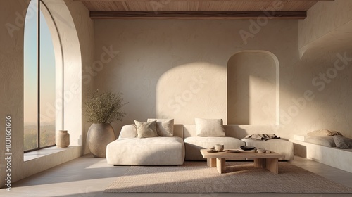 Neutral Bliss Serene interior with arched window, sunlight, and calm space.