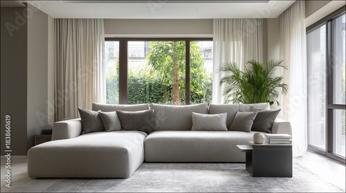 Cozy corner Modern living room with natural light and garden view.