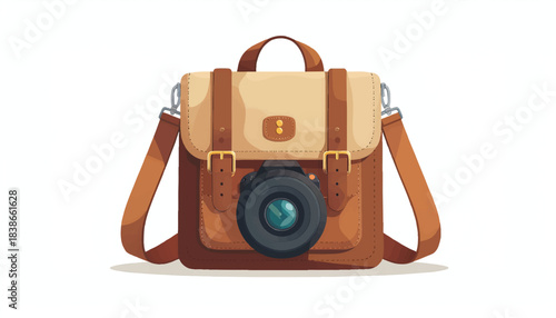 Creative vector illustration of a vintage brown leather satchel camera bag with buckles and a shoulder strap, featuring a large lens emerging from the front pocket, on a white background