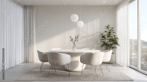 Minimalist Dining Room Elegant Table Setting with Natural Light  Scenic View.