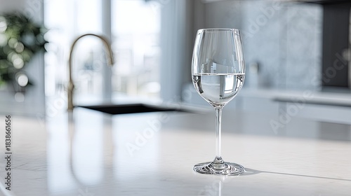 Refreshing water glass on marble kitchen counter Clean with bright, and modern.