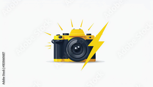 Retro Yellow and Black Camera with Bright Flash Icon Illustration. Professional Photography Equipment with Lightning Bolt Symbol for Digital Photo App or Creative Content.