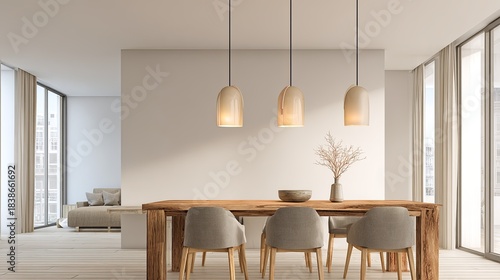 Modern dining Warm lights over a rustic table.