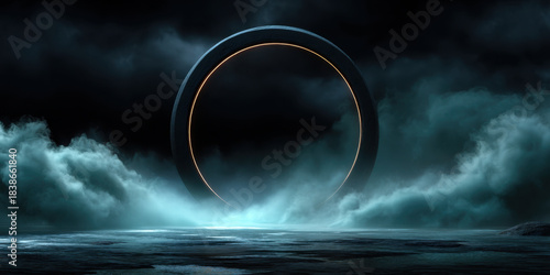 Mysterious ring portal dark fog glowing rim misty landscape circular gateway atmospheric scene surreal environment night scene moody lighting