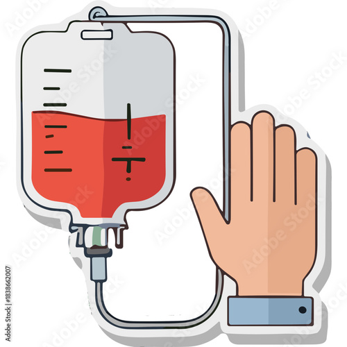 Medical Infusion Bag and Patient Hand Receiving Treatment Close Up Illustration Representing Healthcare Donation and Medical Procedures in a Clinical Setting