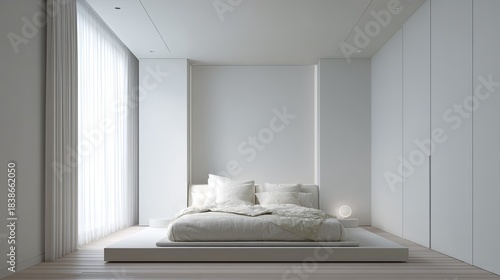 Minimalist white bedroom interior with platform bed with natural light.