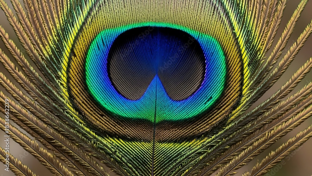 Obraz premium Closeup of a peacock feathers eye pattern featuring concentric rings of blue green and yellow
