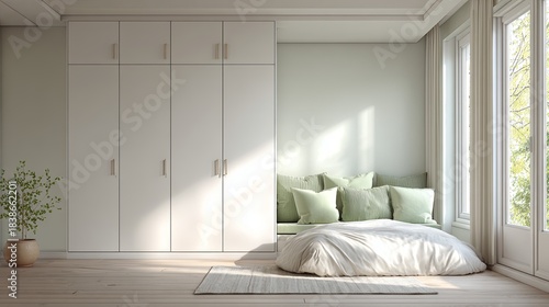 Serene minimalist bedroom with builtin wardrobe and cozy window nook.