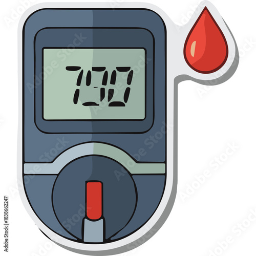 Medical Blood Glucose Meter with Digital Display Showing High Reading Next to Red Blood Drop Isolated on White Background Stylized Illustration