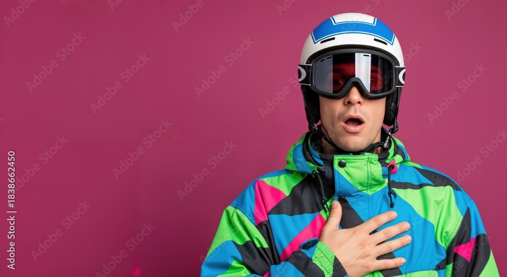 Obraz premium Surprised young Caucasian man in colorful ski jacket and helmet with goggles expressing shock with hand on chest against a vibrant magenta background.