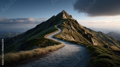 Winding stone path leads up solitary mountain ridge under dramatic clouds at sunset, inviting exploration and quiet reflection