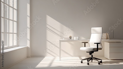 Minimalist Office White Chair with Desk  Sunlight Clean workspace concept.