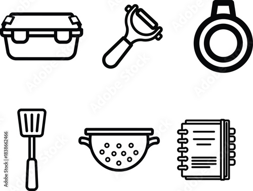  A comprehensive collection of essential kitchen tools and cooking utensils depicted in a clean