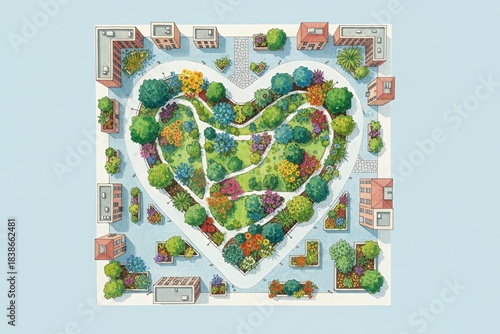 Heart-shaped park layout surrounded by buildings in a vibrant city urban greening campaign