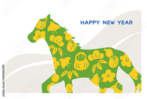 和風のおめでたい模様をあしらった馬のシルエットの年賀状のベクターイラスト