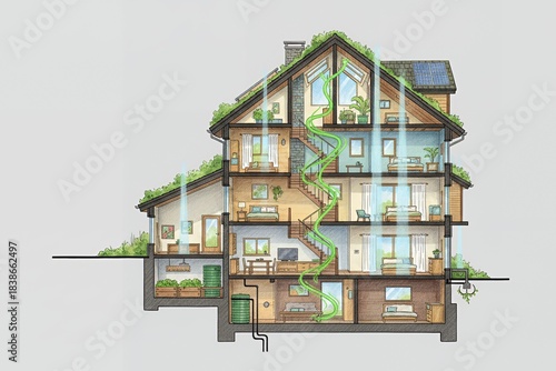 Eco-friendly split-level house design with green features and windows eco house cross-section