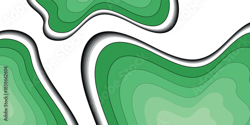 Abstract layered green waves with white and dark outlines creating a topographic paper-cut effect.