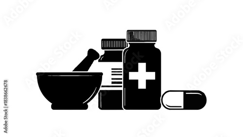 Vector illustration of medicine bottles, mortar and pestle, and capsule on transparent background