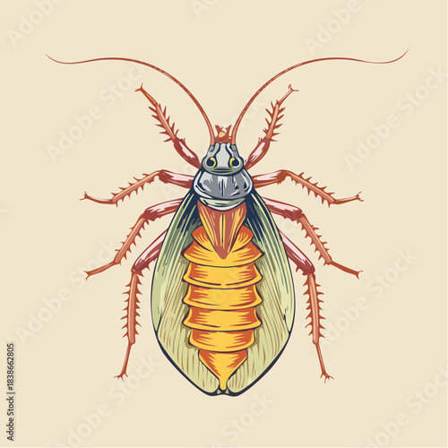 Detailed illustration of a cockroach from a dorsal viewpoint showcasing its anatomy and vibrant colors