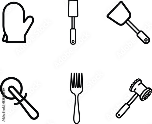 A comprehensive collection of essential kitchen utensils and cooking tools presented as minimalist