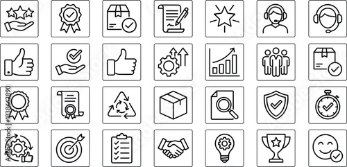 Business quality assurance outline icons set showing customer service, certification, performance growth, teamwork, efficiency, productivity, reliability, innovation, and professional standards