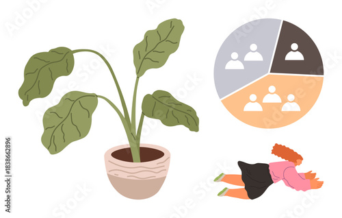 Potted plant symbolizing growth, group diagram showing community dynamics, woman lying down representing relaxation. Ideal for teamwork, community, wellness, growth, self-care, education simple flat