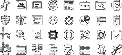 Programming and web development outline icons set featuring coding, UI/UX design, cybersecurity, analytics, global technology, software tools, data management, and digital solutions