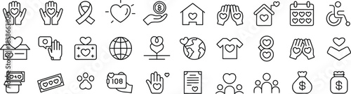 Charity donation outline icons set representing volunteering, support, kindness, fundraising, global aid, nonprofit services, community care, and humanitarian assistance worldwide