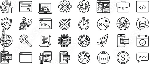 Web development and programming outline icons set featuring coding, analytics, cybersecurity, data processing, global technology, software tools, workflow optimization, digital solutions