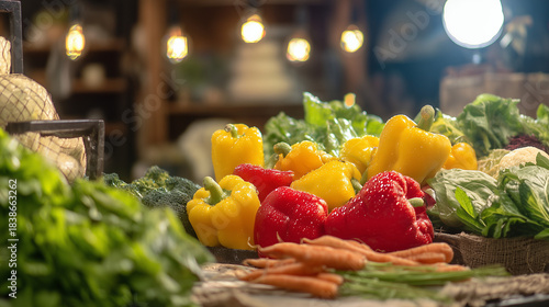 Artistic Arrangement of Fresh Organic Vegetables on Rustic Market Counter: Bell Peppers, Carrots, and Leafy Greens