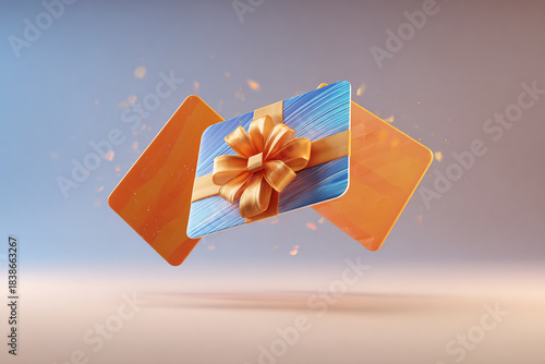 Dynamic 3D gift card with a gold bow and blue textured surface, flying between two orange cards on a soft gradient background.