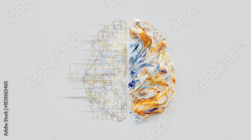 Logic vs Creativity: Scientific Illustration of Split Brain Hemisphere (Geometric Circuits vs Fluid Brushstrokes)