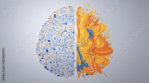 Logic vs Creativity: Scientific Illustration of Split Brain Hemisphere (Geometric Circuits vs Fluid Brushstrokes)