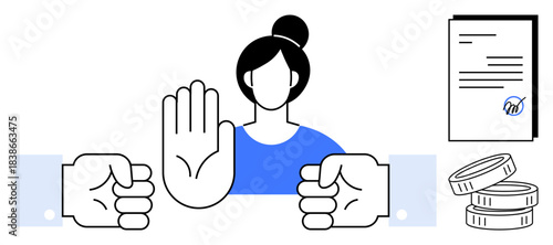 Ethical decisions, financial negotiations, rejection, legal agreements, communication, boundaries. Woman raising hand, coins contract. Ethical decisions and financial negotiations concept