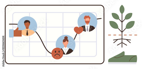 Line graph with coworkers faces expressing emotions, thumbs-up, heart, growth tree with roots, and folded paper. Ideal for progress, emotional management, teamwork, growth challenges relationships