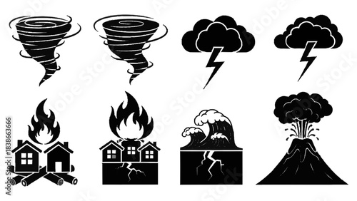 Vector illustration of natural disasters on transparent background, a collection of symbols