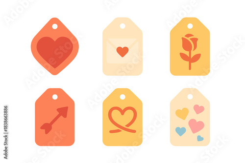Valentine's day flat icon set. featuring heart, love letter, rose, cupid arrow, heart with arrow, and hearts symbols