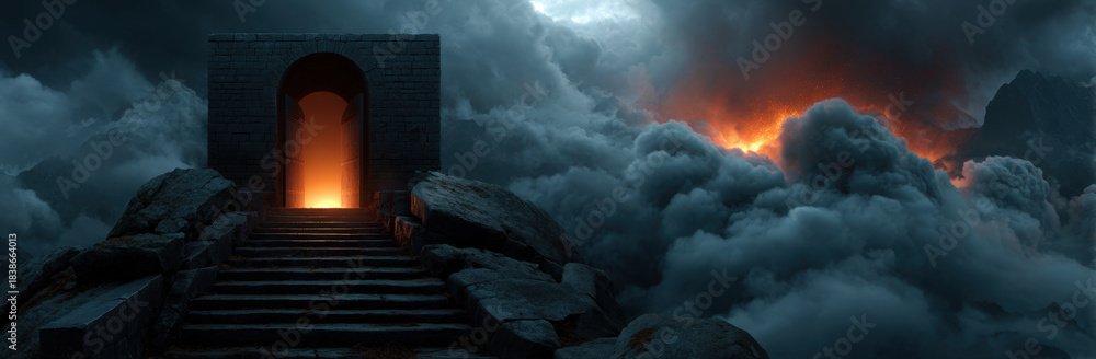 Fototapeta premium Ancient stone gate arch stone stair glowing doorway cloudscape fiery sky mountain rocks