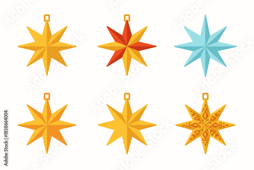 Holiday decorations flat icon set. featuring stars, ornaments, embellished designs, festive symbols.