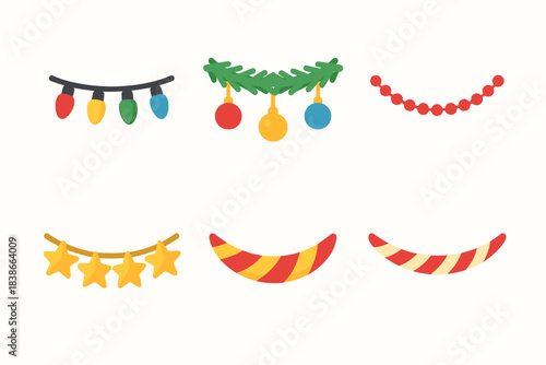 Festive decorations flat icon set. featuring lights, garland, beads, stars, and banners