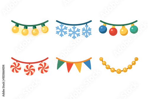 Holiday decorations flat icon set. featuring string lights, snowflakes, baubles, candy, flags, and beads