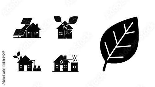 Vector illustration of green energy houses with solar panels, leaf, and renewable energy symbols on transparent background