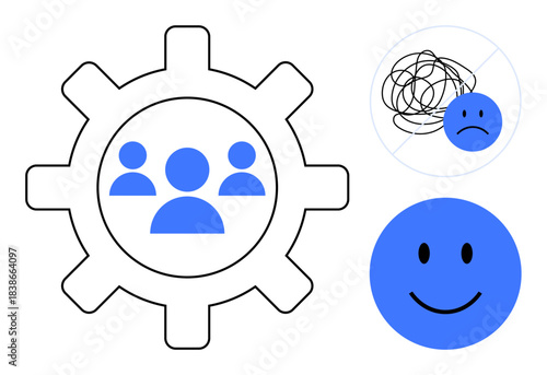 Mental health concept. Mental health symbols include a gear with human icons, a sad face symbol, and a happy face. Mental health for teamwork, productivity, emotional well-being, personal growth