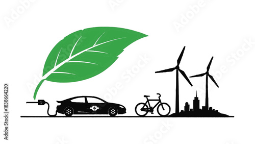 Vector illustration of sustainable transportation and renewable energy sources on transparent background