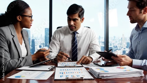Three diverse colleagues examine financial data in a modern office, analyzing reports and charts