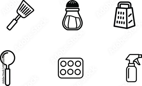  A comprehensive collection of kitchen cooking and home cleaning outline icons including a classic
