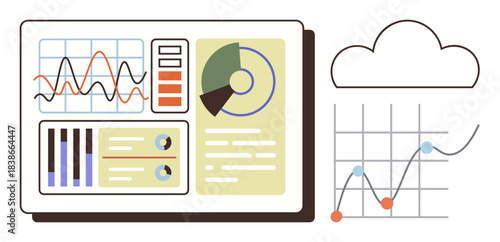Digital dashboard with pie chart, line graphs, and bar graphs for data analysis and trend tracking. Ideal for analytics, performance tracking, cloud computing, business strategy, forecasting